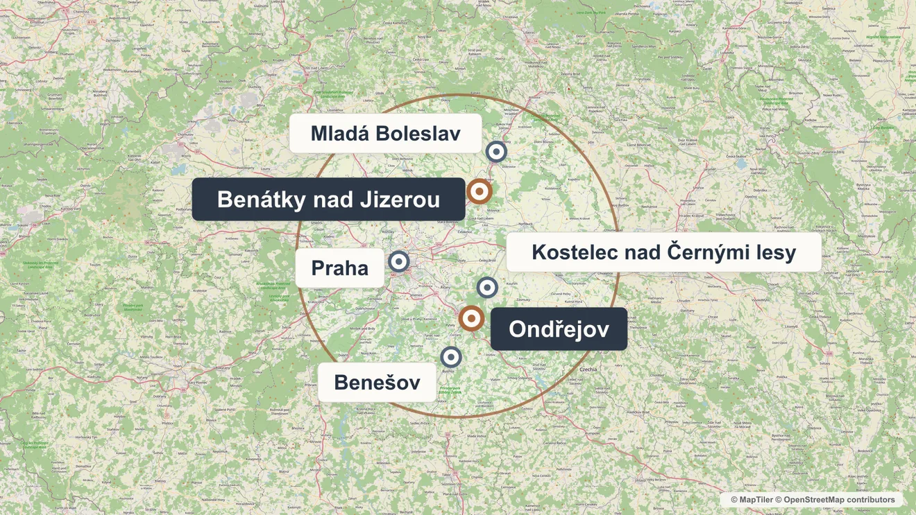 Mapa oblasti, kam KS Kominíci jezdí: Praha uprostřed, základny Ondřejov a&nbsp;Benátky nad Jizerou, kolem nich Praha-východ, Praha-západ, Benešovsko a&nbsp;Mladoboleslavsko: Praha, Praha-východ i&nbsp;západ, Benešovsko a&nbsp;Mladoboleslavsko